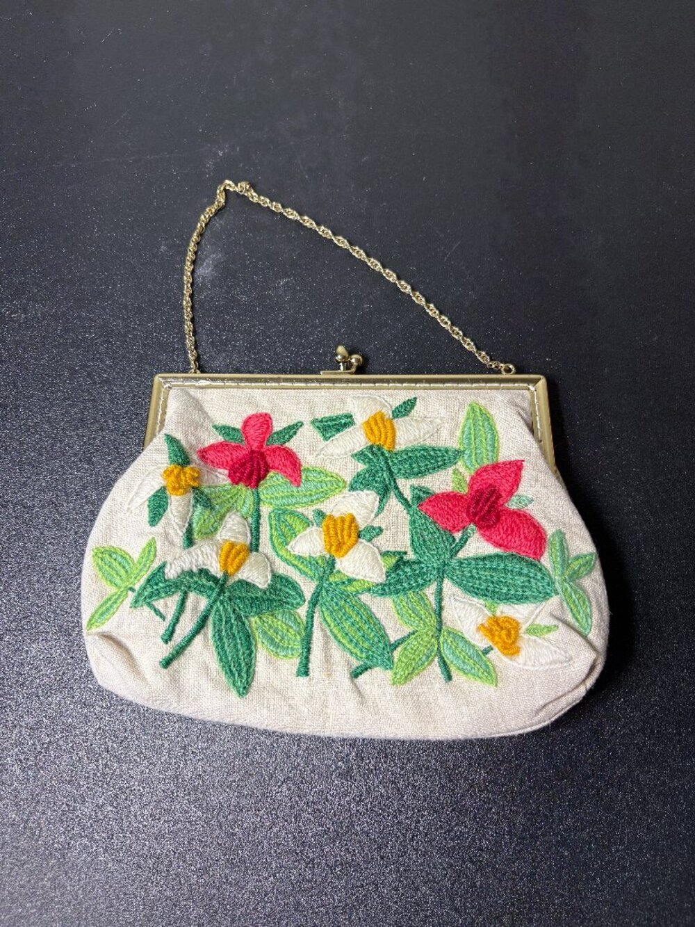 Vintage Crewel & Linen Handmade Floral Purse